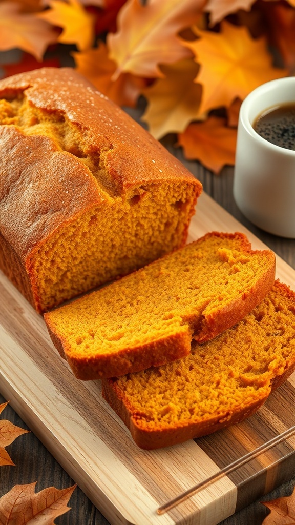 A loaf of pumpkin bread sliced on a cutting board with butter and coffee, surrounded by autumn leaves.
